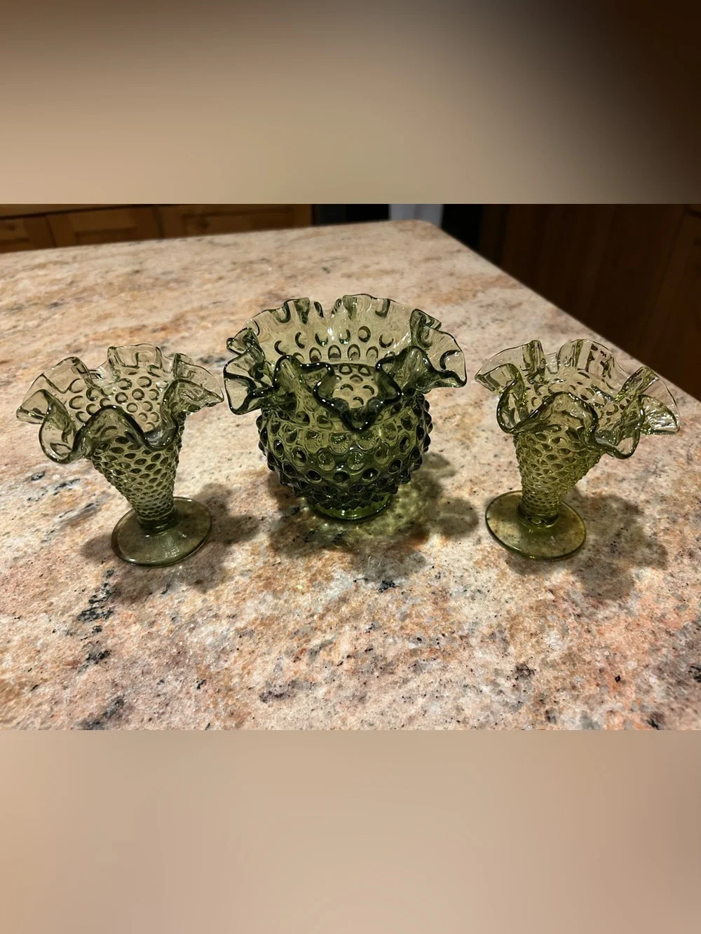 Fenton Forest Green Raised Hobnail Glass Vase Set (3) Flawless pieces. 4”&4.50”